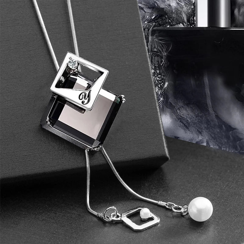 Elegant geometric crystal pendant necklace for women, featuring long pearl choker style jewelry from HSF Marketplace.