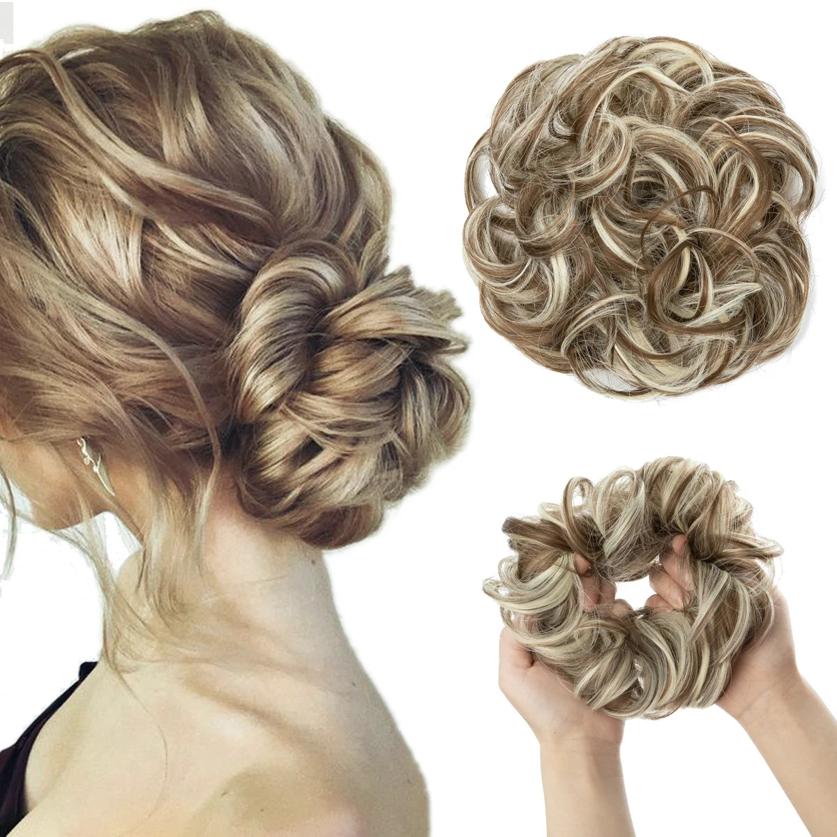 Synthetic messy curly hair bun extension with elastic scrunchie for women’s chignon updo in brown-black tones
