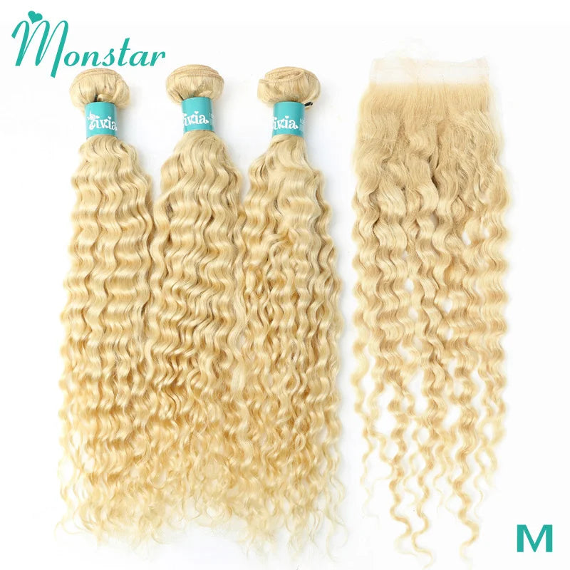 4x4 Closure with 613 Blonde Color Deep Wave Hair 100% Remy Human Hair Bundles Brazilian Hair Weave Bundles with Lace Closure 4x4