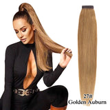 Straight Brazilian Remy human hair wrap-around ponytail extension in natural black, 100% human hair, 60–150g