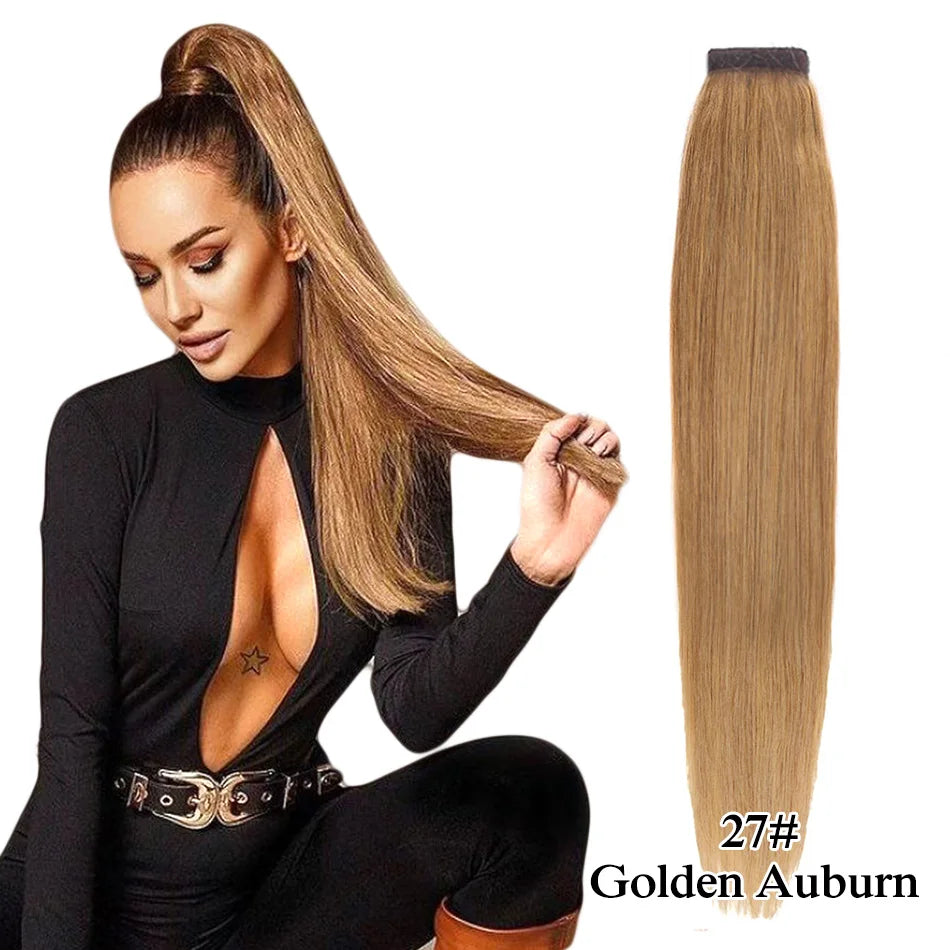 Straight Brazilian Remy human hair wrap-around ponytail extension in natural black, 100% human hair, 60–150g