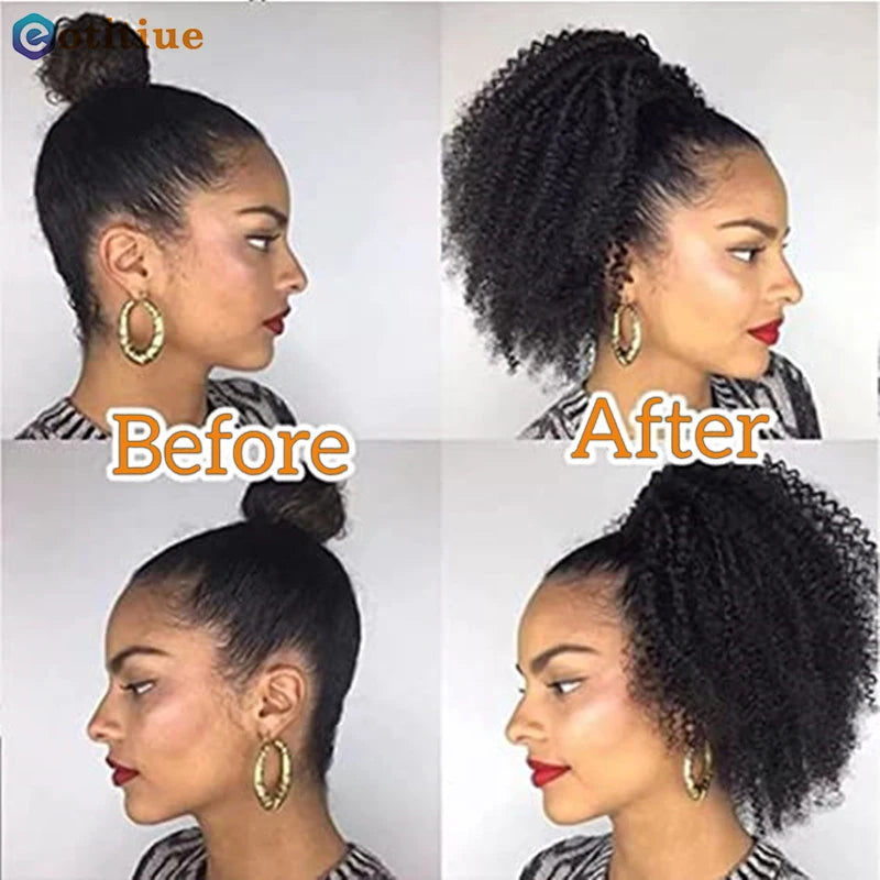 Kinky curly Brazilian human hair drawstring puff ponytail extension clip-in for African American hair