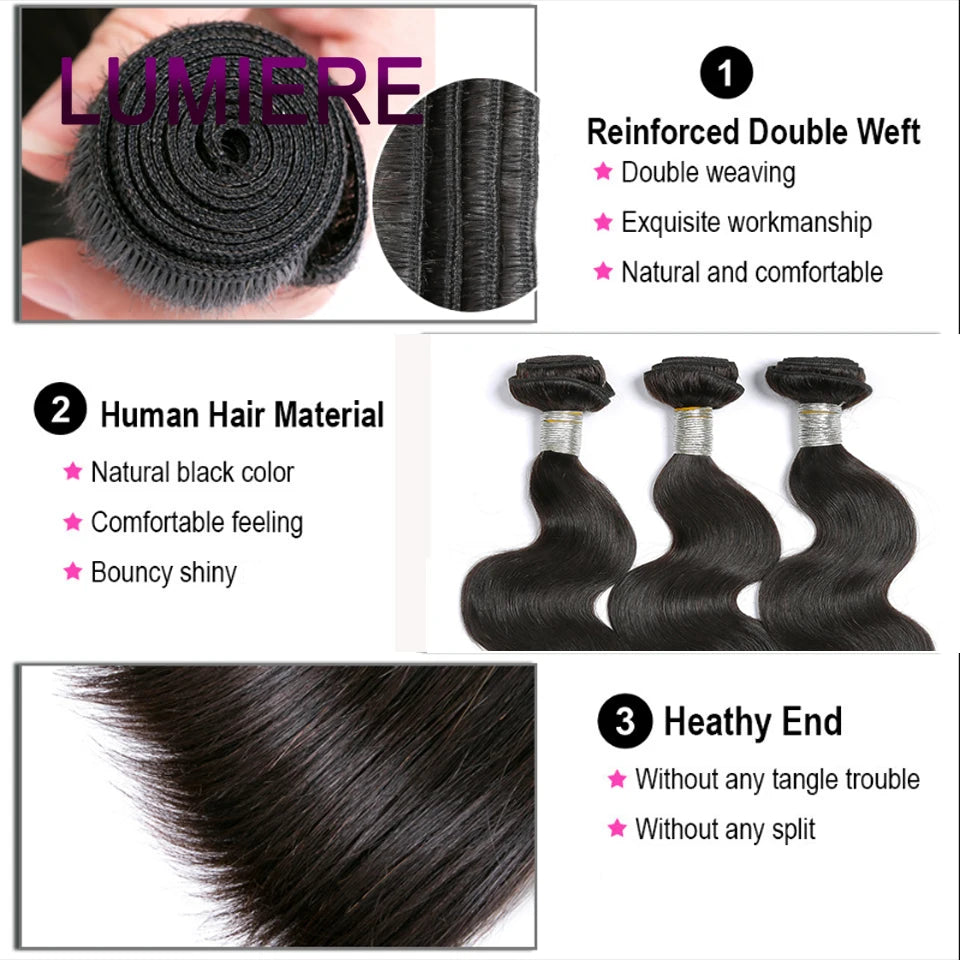 18A Body Wave Bundles With Closure Frontal HD Transparent Brazilian Virgin Raw Human Hair 3/4 Bundles Hair Extension Double Weft