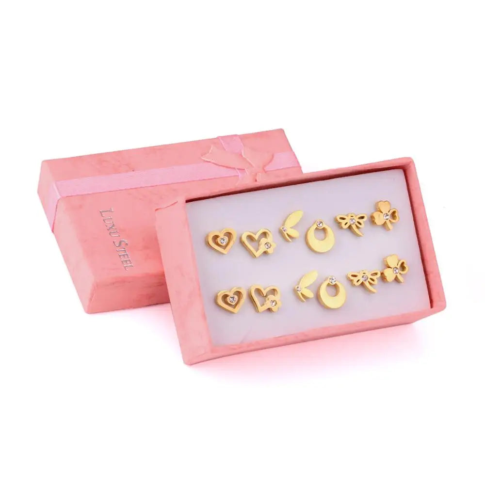 Vintage six-pair stud earrings set for women in gold and silver tones by HSF Marketplace