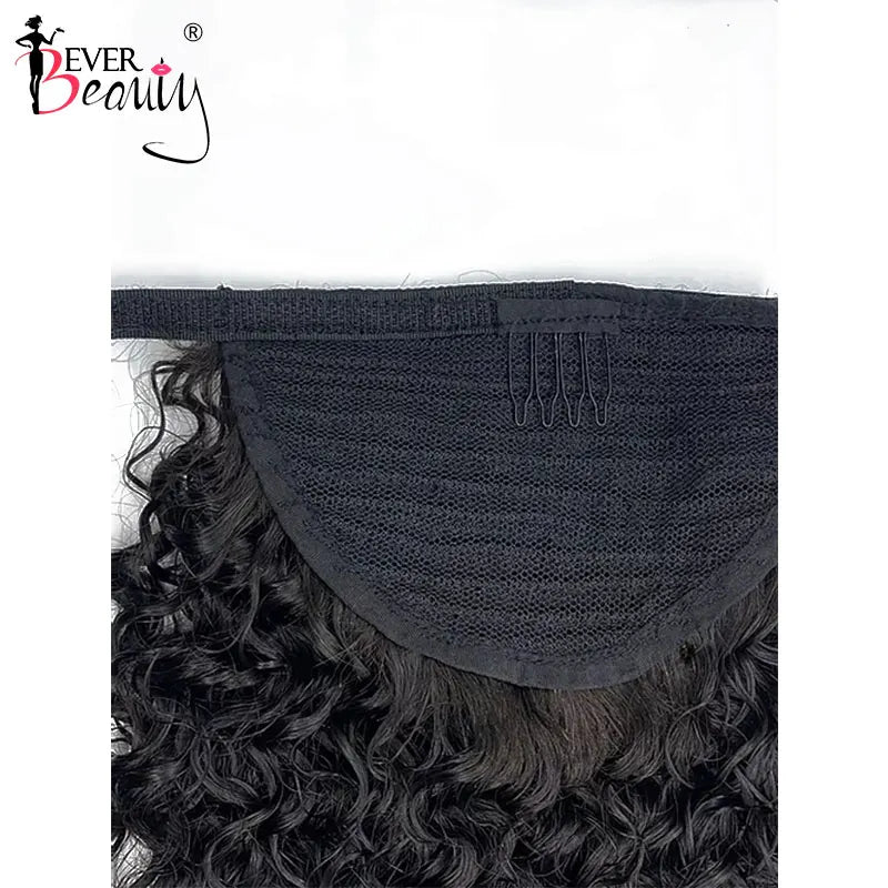 3B 3C Brazilian human hair kinky curly wrap-around drawstring ponytail clip-in extensions by Ever Beauty Remy