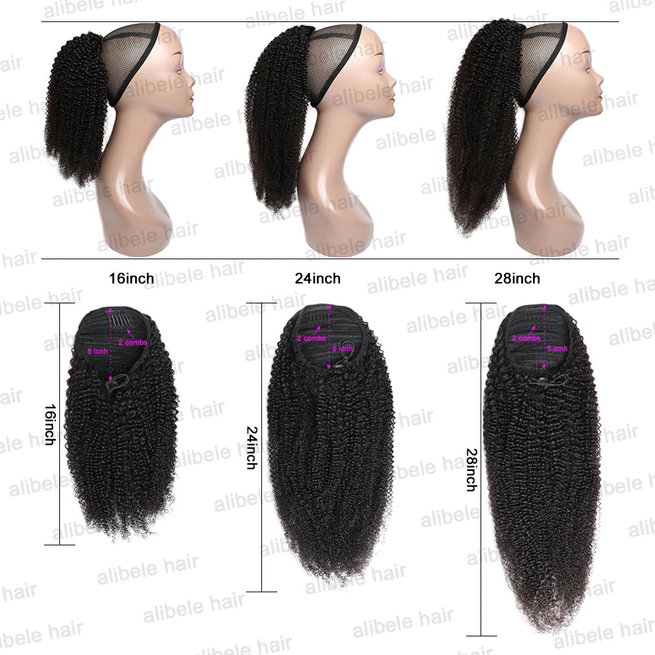 Alibele Mongolian Afro kinky curly drawstring ponytail human hair extension, 4B 4C Remy clip-in style