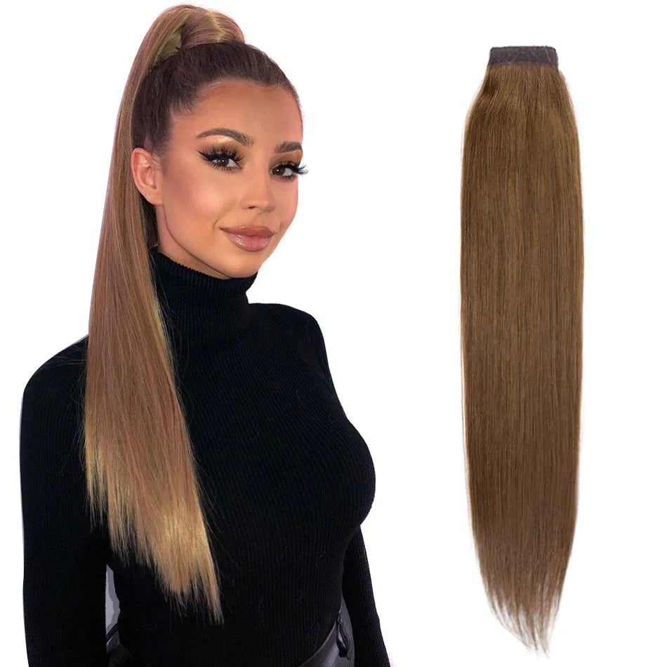 Brazilian Remy human hair clip-in ponytail extension, thick straight wrap-around hairpiece, 30–75cm