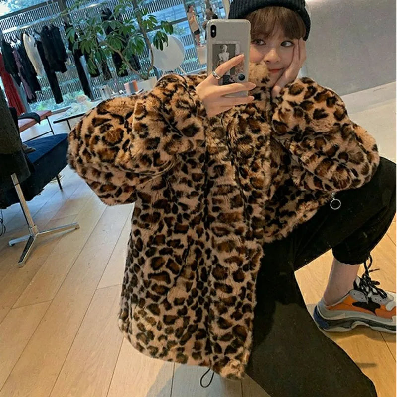 Women's leopard print faux fur parka jacket with hood and warm winter design