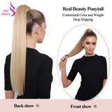 Straight Brazilian Remy human hair wrap-around ponytail extension in a natural horsetail style