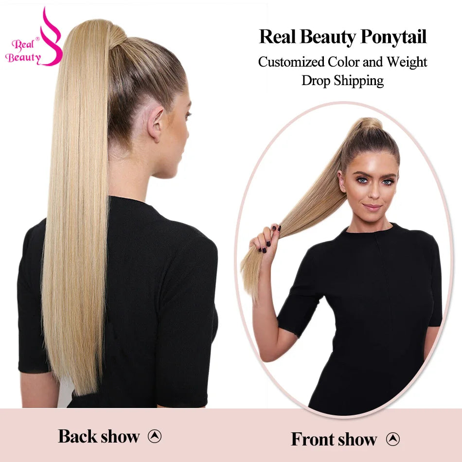 Straight Brazilian Remy human hair wrap-around ponytail extension in a natural horsetail style