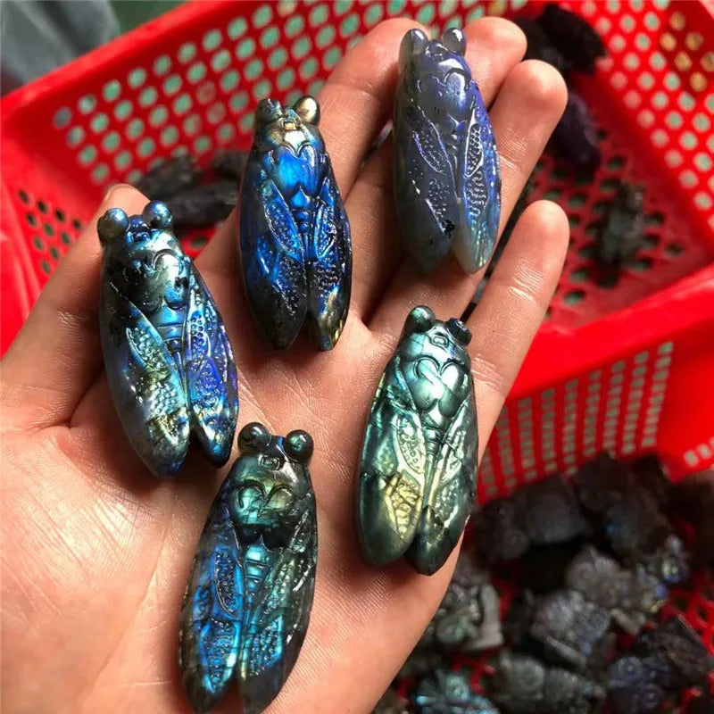 Natural Quartz Carvings Labradorite Owl Cicada Animal Crystals Healing Stones For Spiritual Decor