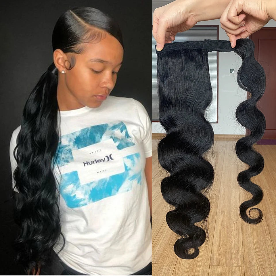 Brazilian body wave human hair wrap-around ponytail clip-in extension, 120g