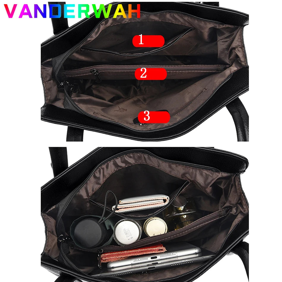 Genuine soft PU leather handbag for women featuring a vintage shoulder tote design, large capacity, and elegant style.