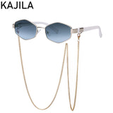 Small hexagon sunglasses for women with chain by HSF Marketplace, stylish luxury designer sun shades with a modern punk look.