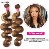 Honey blonde ombre human hair bundles with 5x5 closure, featuring body wave texture from HSF Marketplace.
