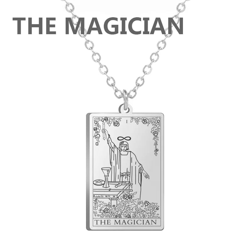 Stainless steel Dawapara Tarot Cards necklace with Major Arcana design, divination charm jewelry for women.