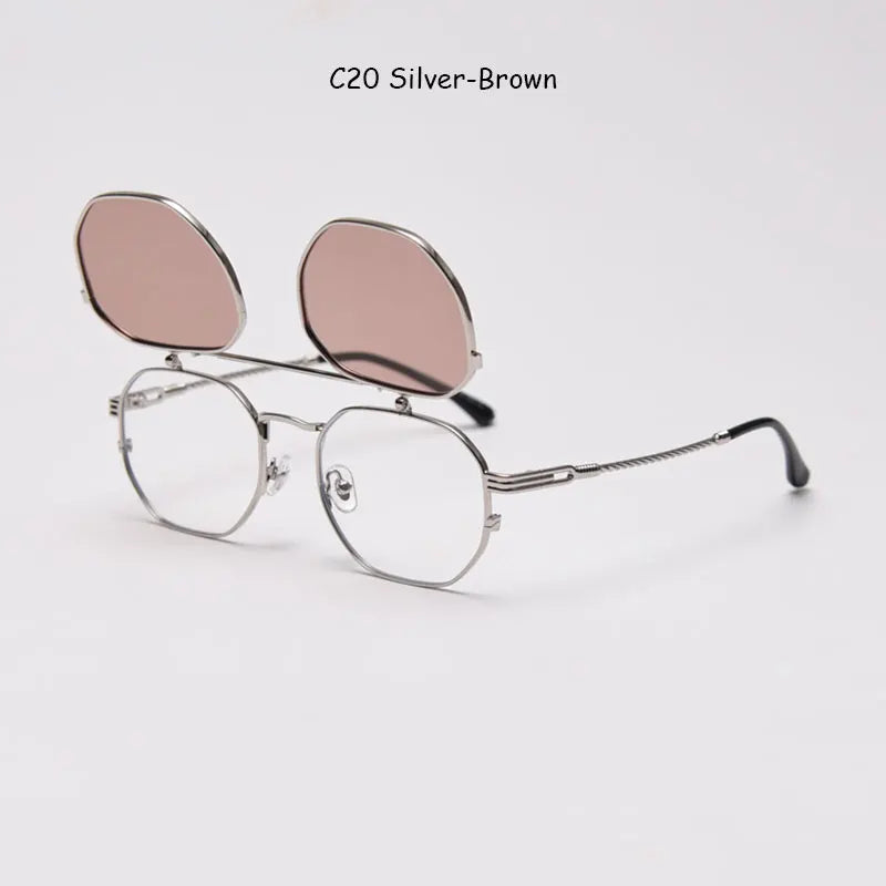 Mimiyou polarized polygon flips-up sunglasses for women and men with vintage punk style, UV400 protection, and bold frame design.