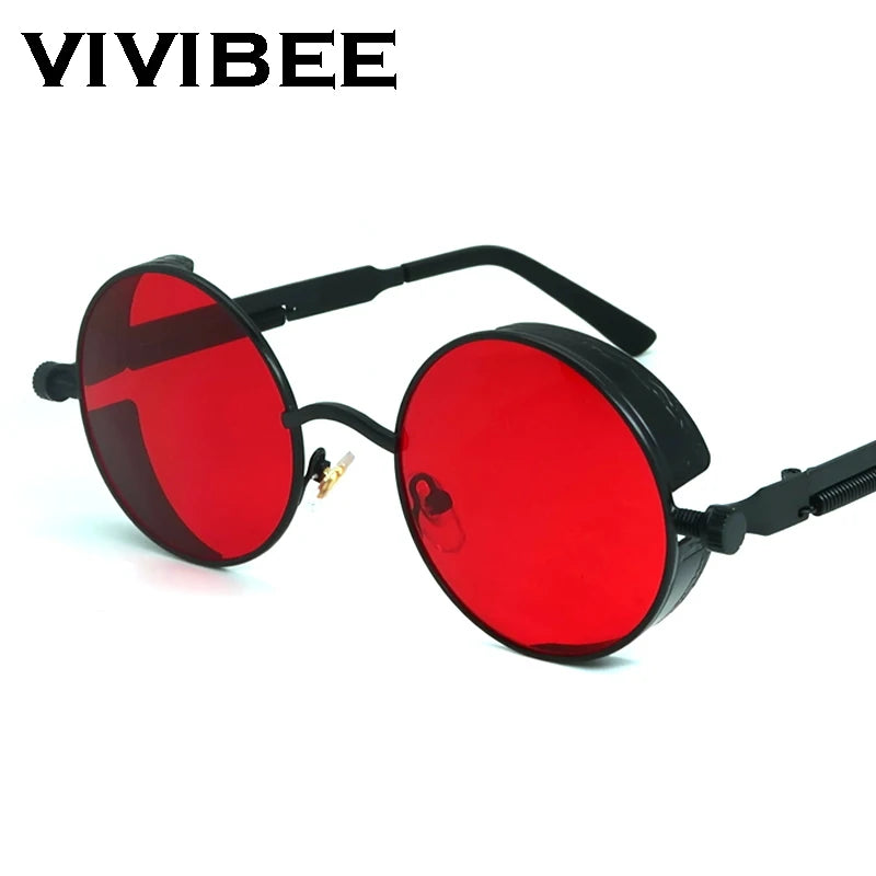 VIVIBEE vintage steampunk red sunglasses with round punk alloy metal frames for men and women, gothic style retro goggles.