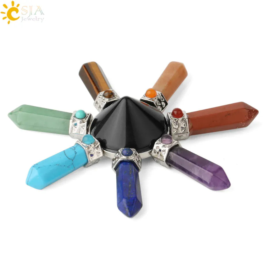 CSJA 7 Chakra Pyramid Decoration Healing Point Hexagonal Crystal Pillar Natural Stone Reiki Energy Meditation Jewelry Women G302