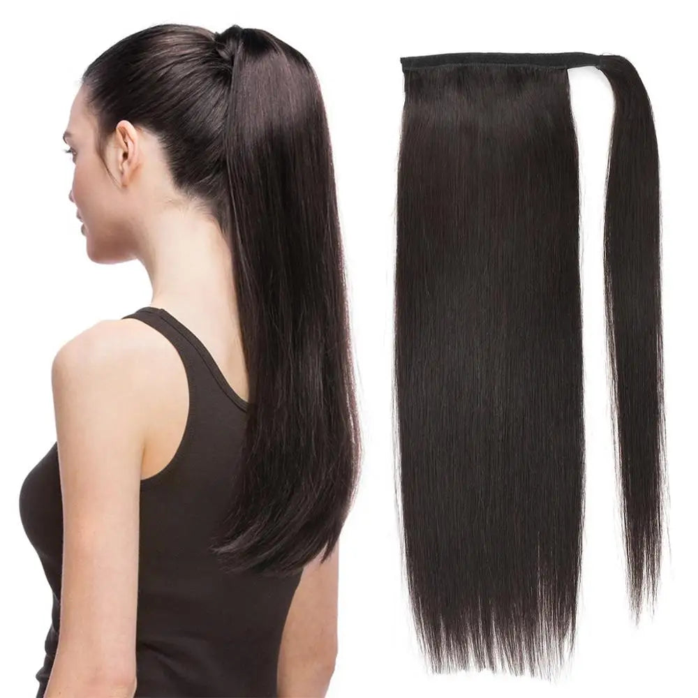 Brazilian Remy human hair ponytail clip-in extension, thick straight wrap-around hairpiece, 30–75cm