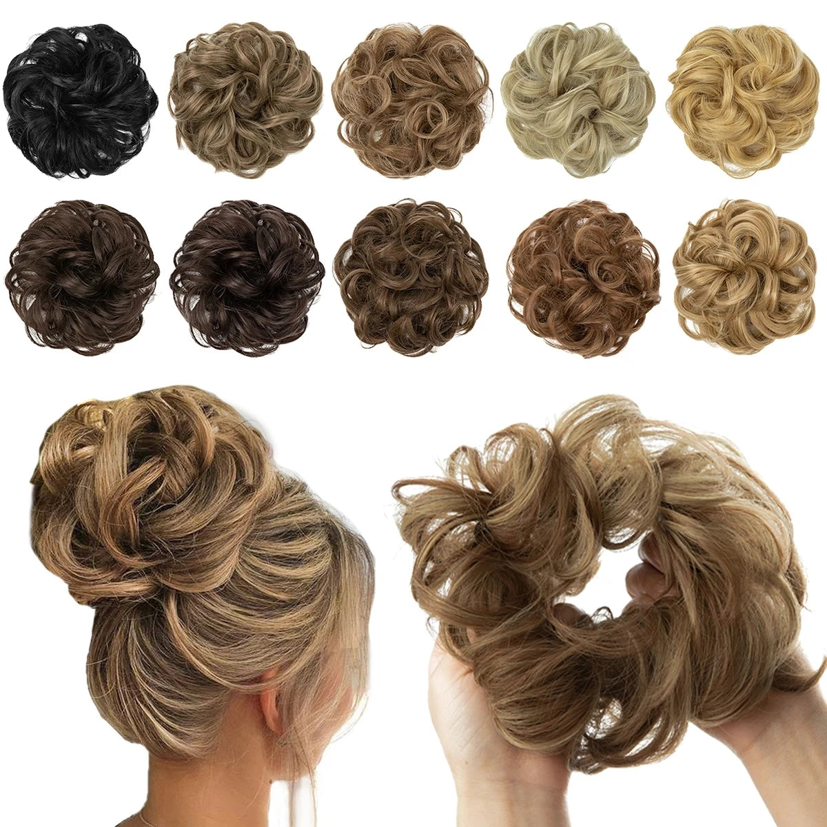 Synthetic messy curly hair bun extension with elastic scrunchie for women’s chignon updo, HSF Marketplace