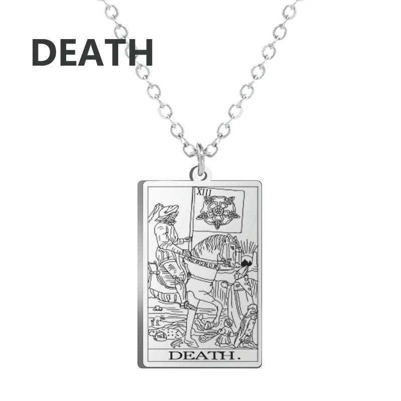 Dawapara Tarot Cards necklace for women featuring stainless steel charm with Major Arcana tarot design, divination jewelry accessory.