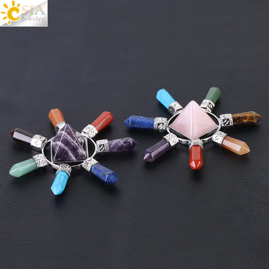 CSJA  7 Chakra Jewelry Energy Power Natural Stone Meditation Crystal Pyramid Hexagonal Prism for Men Women Yoga Healing F342