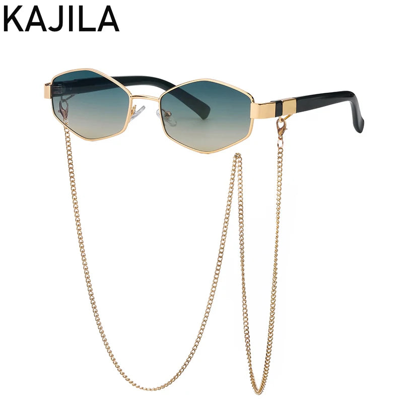 Small frame hexagon sunglasses for women with chain by HSF Marketplace, luxury designer punk sun shades for ladies