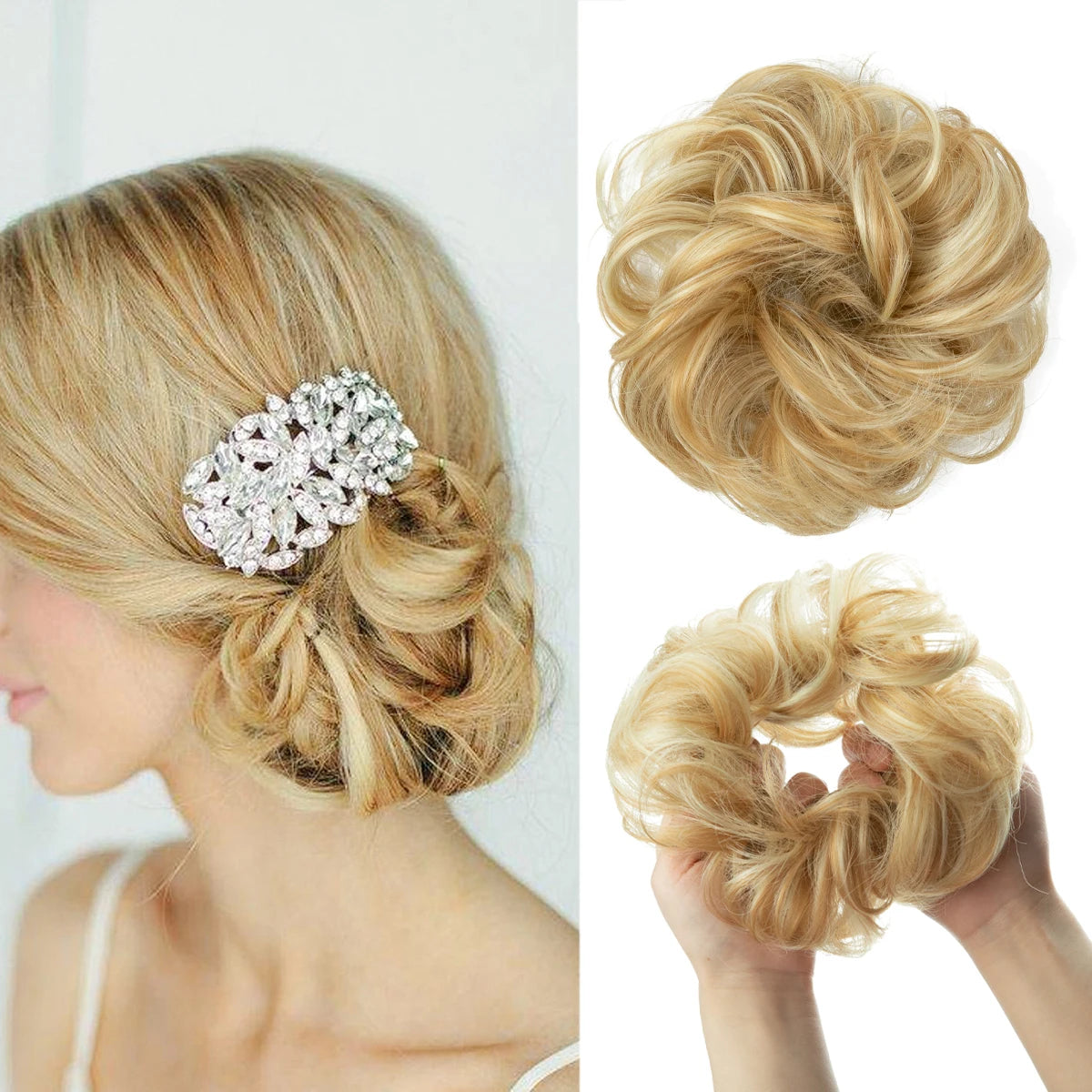 Synthetic messy curly hair bun extension scrunchie in a chignon updo style for women