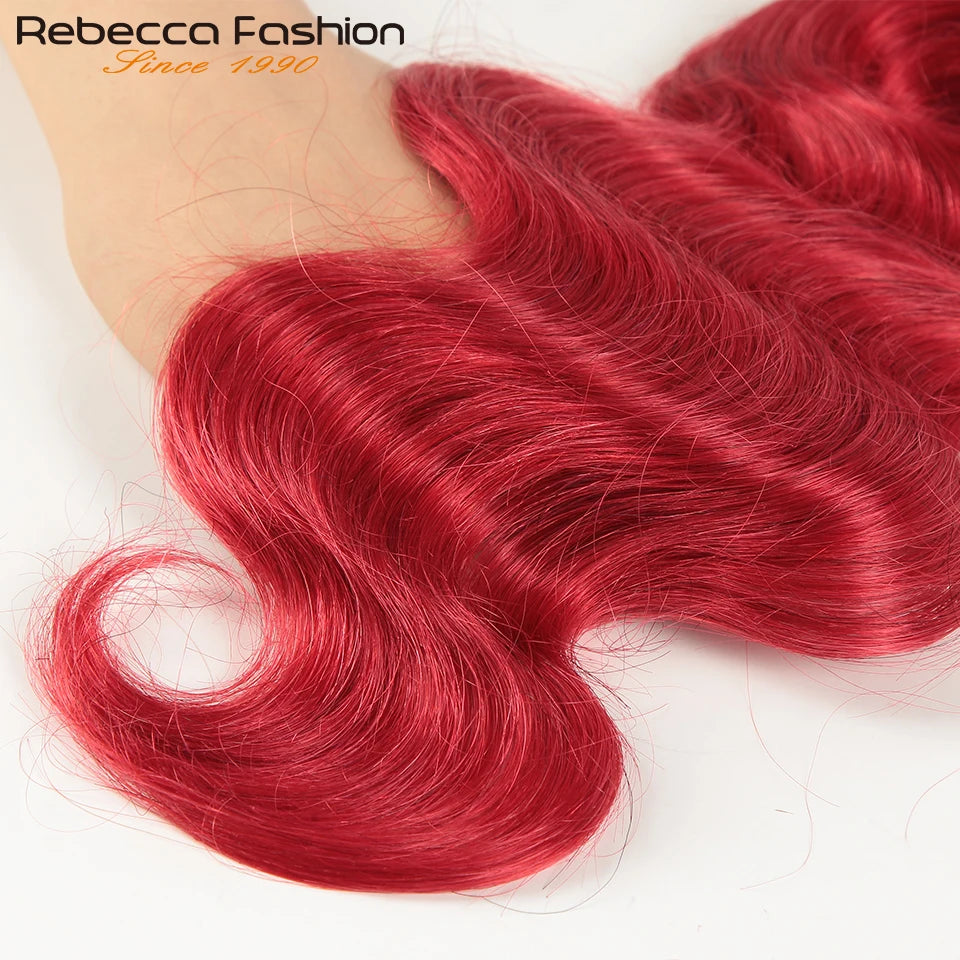 Rebecca Oxblood Red Body Wave Bundles With Closure Brazilian Body Wave Human Hair Bundles With Closure 3 Bundles With Closure