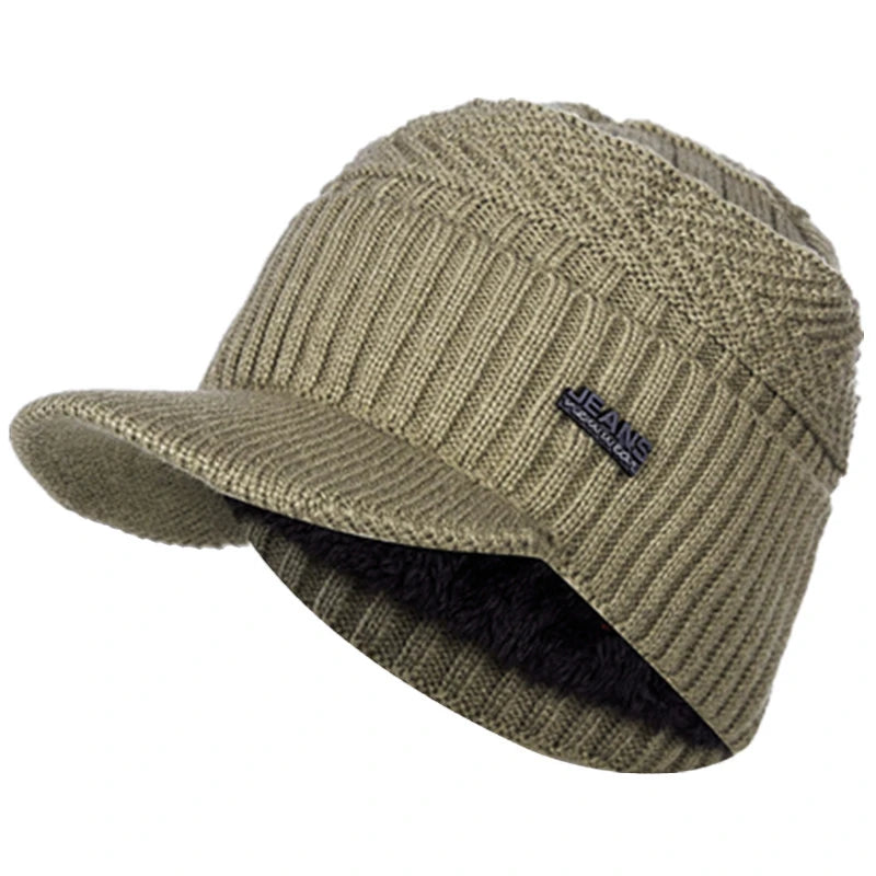 Unisex warm winter fur-lined knitted beanie cap with brim for men and women
