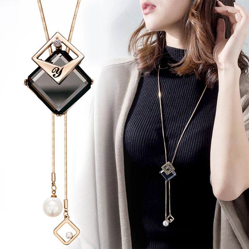 Elegant geometric crystal pendant necklace for women featuring a long pearl choker design, stylish jewelry by HSF Marketplace.