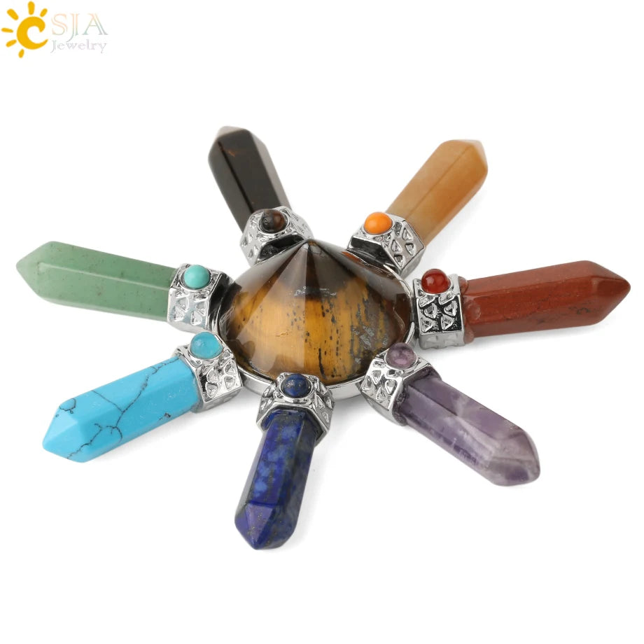 CSJA 7 Chakra Pyramid Decoration Healing Point Hexagonal Crystal Pillar Natural Stone Reiki Energy Meditation Jewelry Women G302