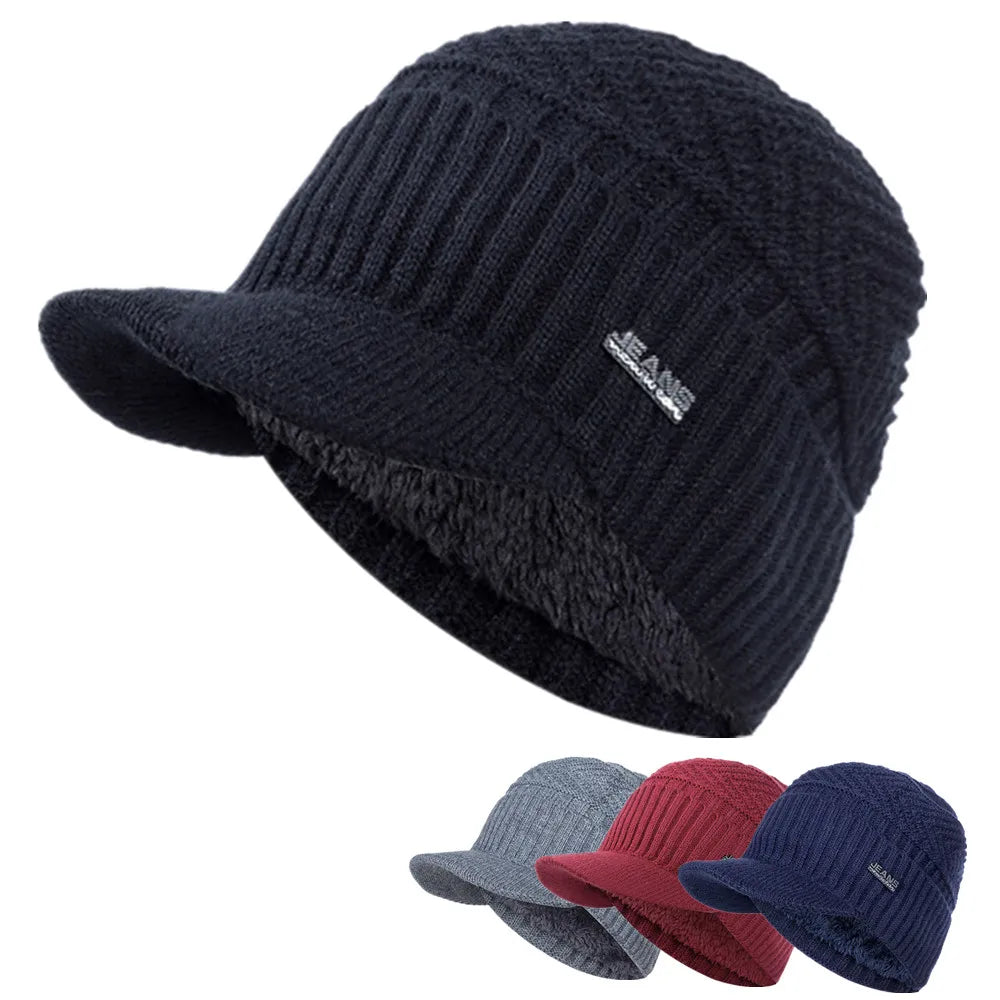 Women's warm winter fur-lined knitted beanie hat with brim, soft thick design for men and women