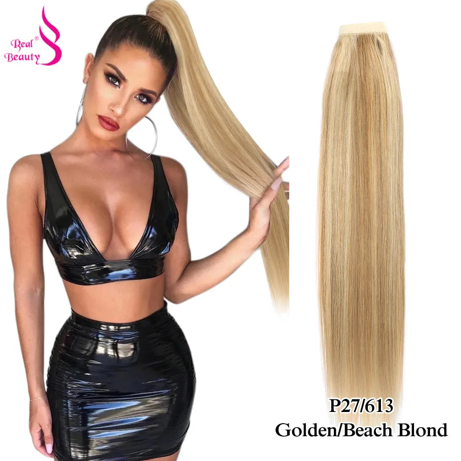 Straight Brazilian Remy human hair wrap-around ponytail extension in natural horsetail style, 60–150g