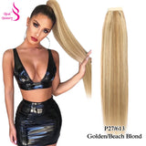 Straight Brazilian Remy human hair wrap-around ponytail extension in natural horsetail style, 60–150g