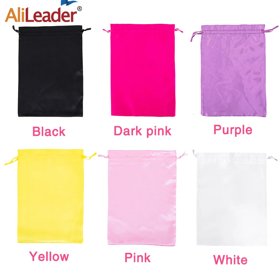 Silk wig storage bag with drawstring for hair extensions and bundles, HSF Marketplace hair packaging and storage tool.