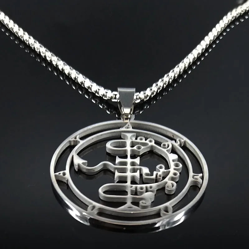 Stainless steel Satan necklace featuring Sigil De Lucifer, Baphomet stamp, and laser-etched chain jewelry designed by HSF Marketplace