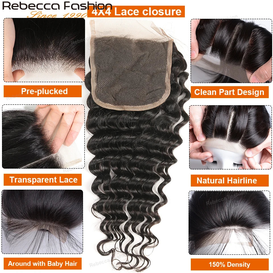 Rebecca Brazilian Deep Wave human hair bundles with lace closure, three Remy curly bundles from HSF Marketplace.