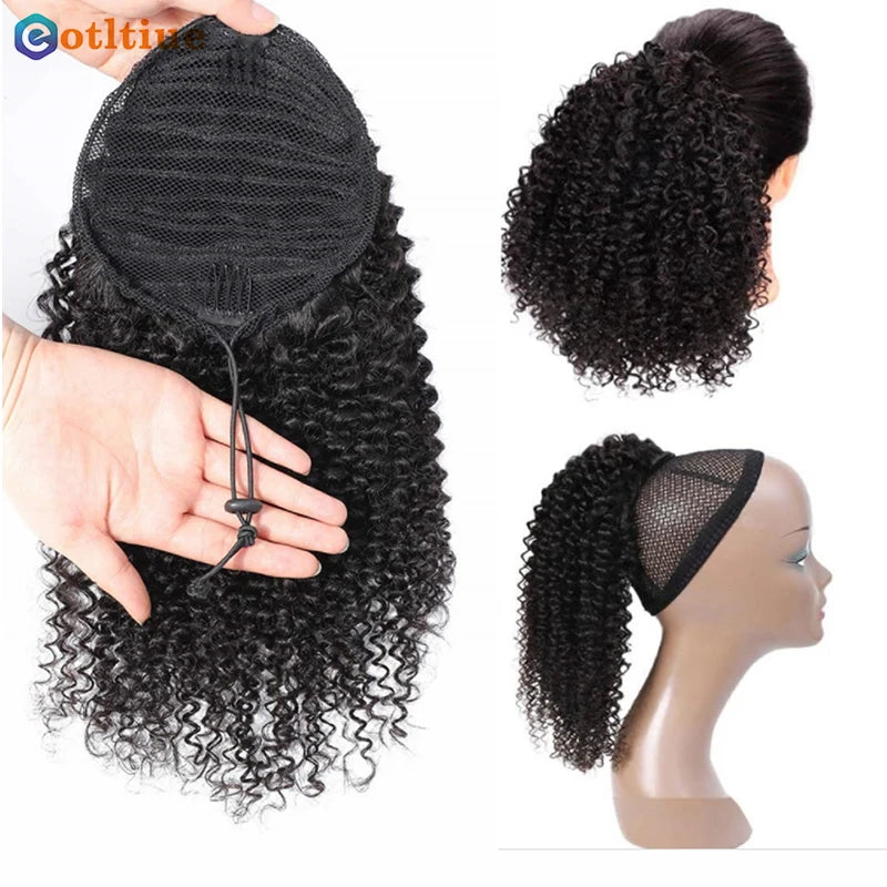 Kinky curly Brazilian human hair drawstring puff ponytail extension, clip-in African American ponytail by HSF Marketplace