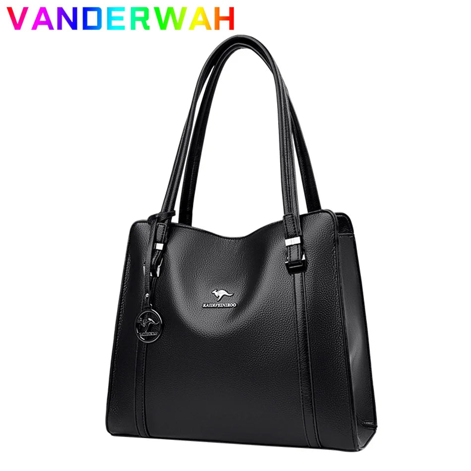 Genuine soft PU leather handbag for women, vintage shoulder tote bag with large capacity, luxury designer style, HSF Marketplace.
