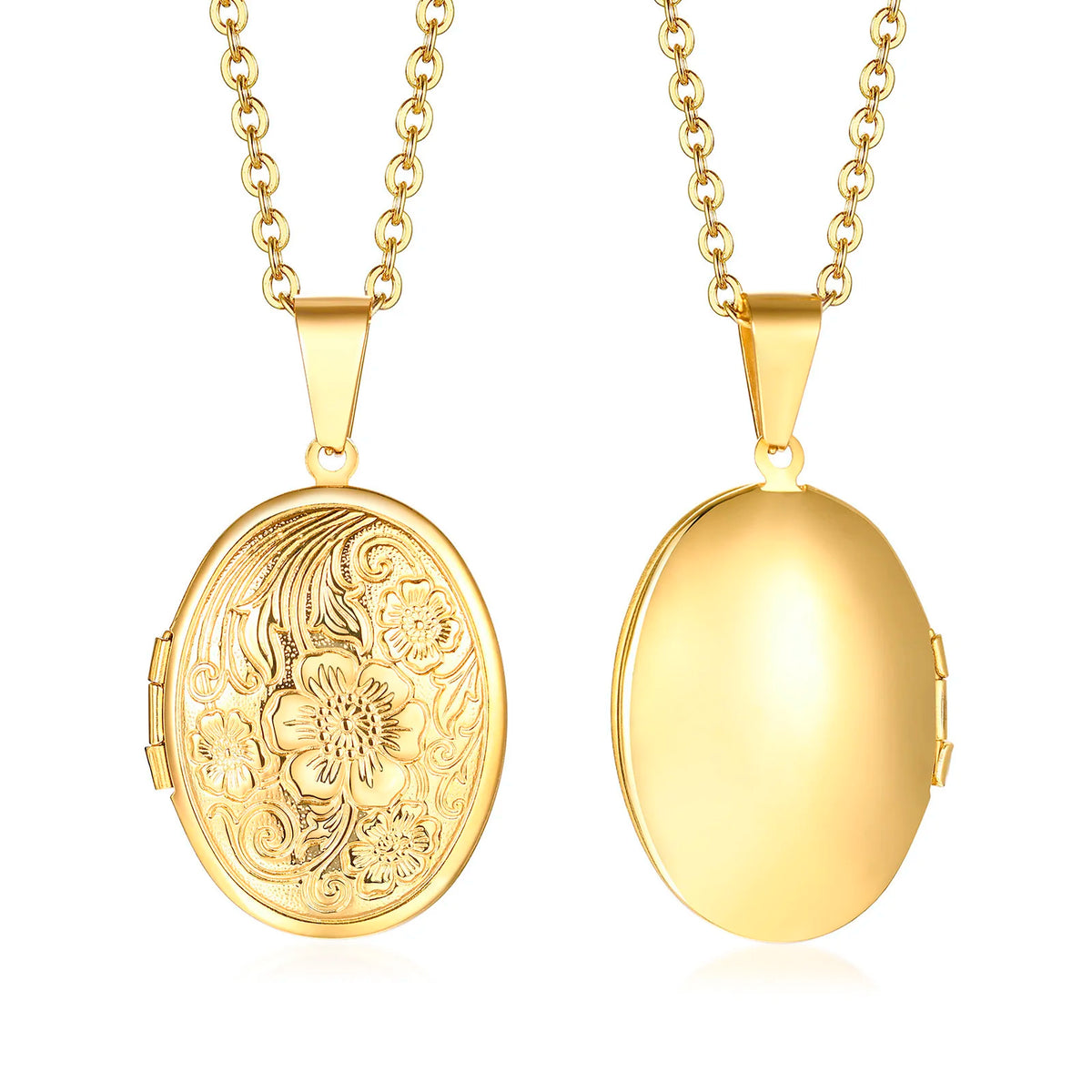 Floral oval heart locket pendant necklace for women by HSF Marketplace, delicate floral design on polished metal.