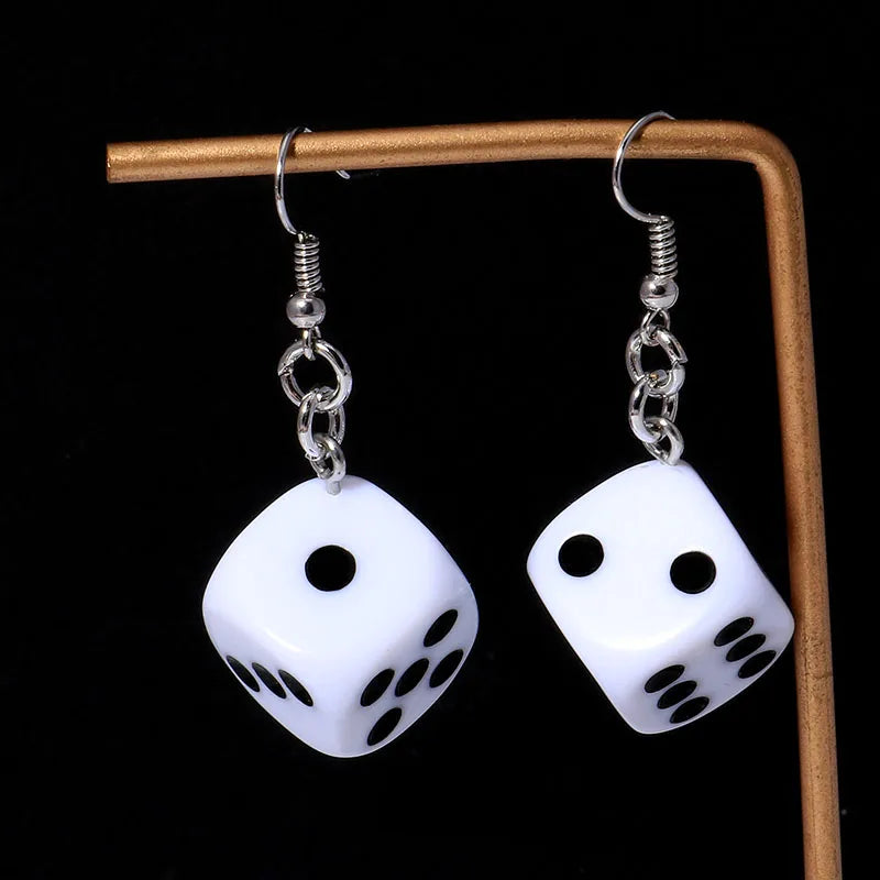 Aihua white and black square dice earrings for women, playful digital dice jewelry pair