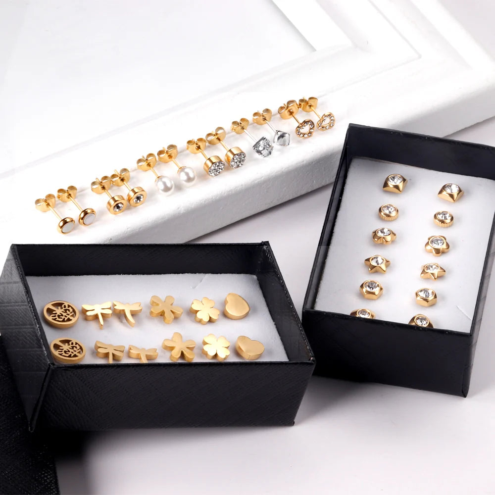 Vintage stud earrings set for women, 6 pairs in gold and silver tones by HSF Marketplace
