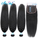Alisky Peruvian Hair Bundles Kinky Straight Hair Bundles With 5x5 Closure Remy Human Hair Extension 5x5 Closure with Bundles