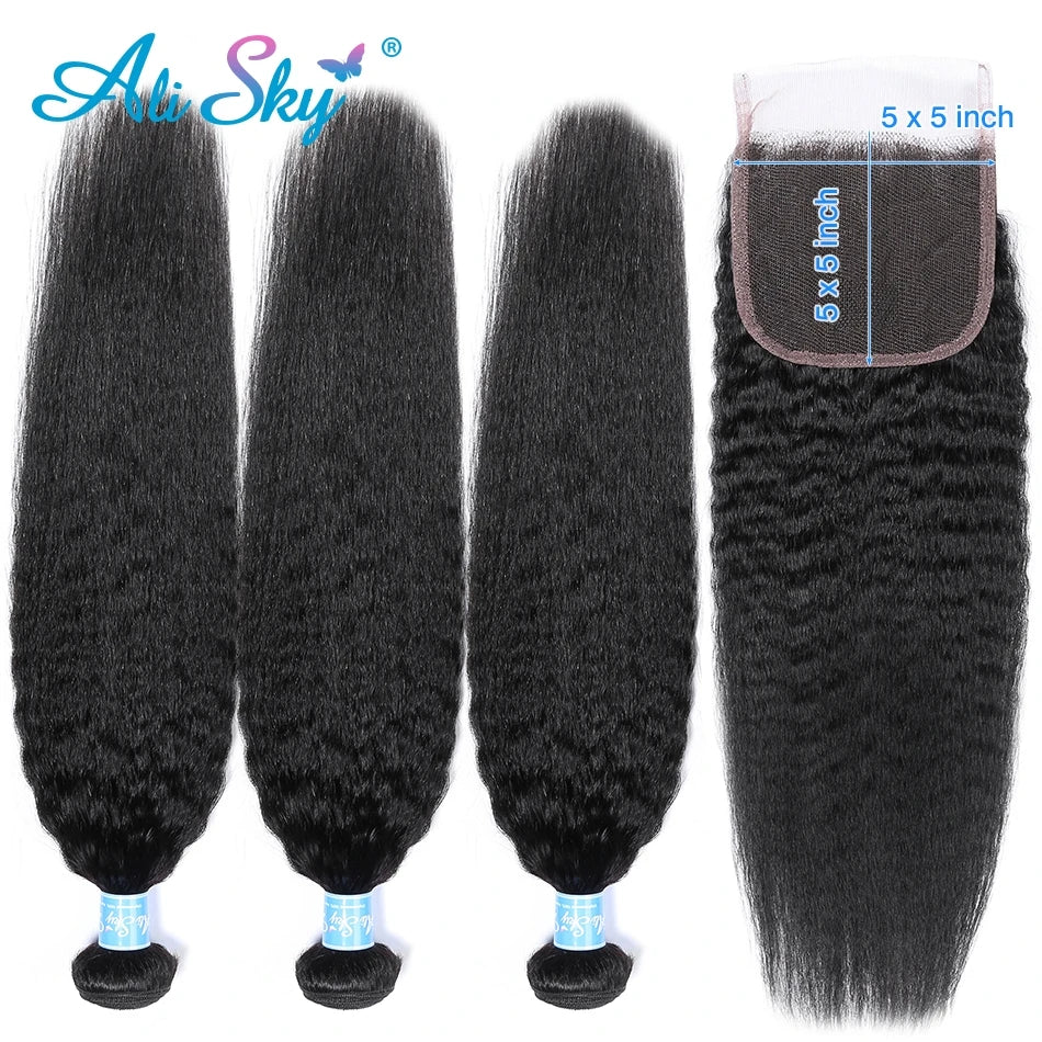 Alisky Peruvian Hair Bundles Kinky Straight Hair Bundles With 5x5 Closure Remy Human Hair Extension 5x5 Closure with Bundles