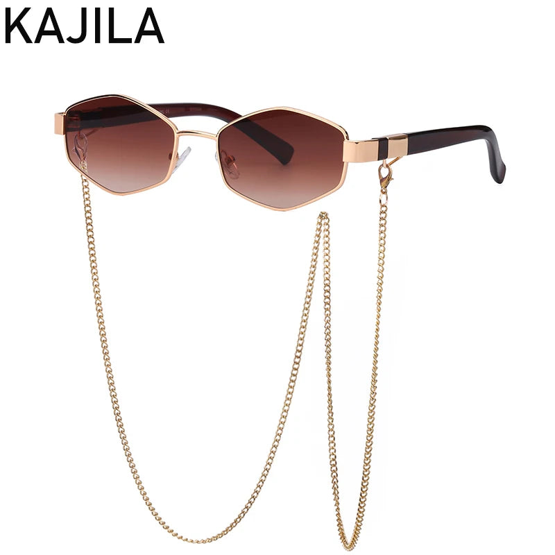 Small hexagon sunglasses for women with chain, luxury designer HSF Marketplace sun shades, stylish punk-inspired eyewear.