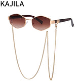 Small hexagon sunglasses for women with chain, luxury designer HSF Marketplace sun shades, stylish punk-inspired eyewear.