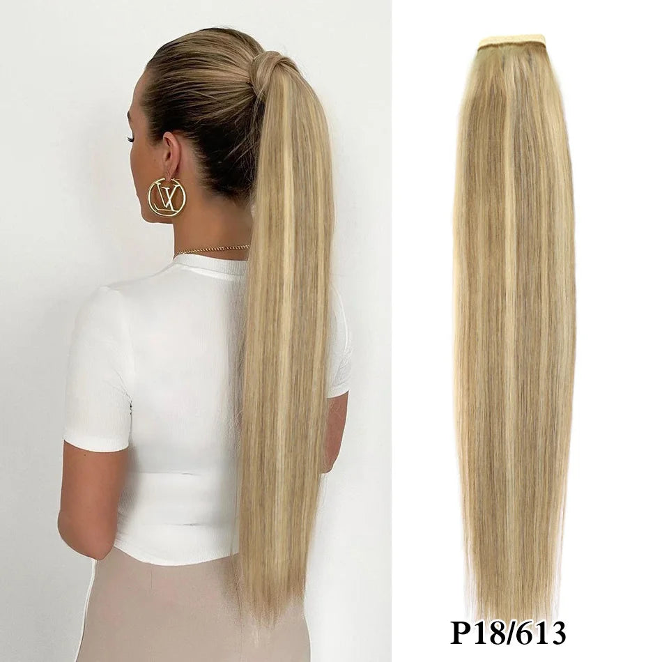 Brazilian Remy human hair clip-in ponytail, thick straight wrap-around hairpiece, 30–75cm length