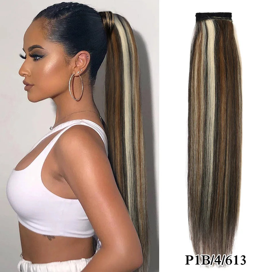 Real Beauty Brazilian Remy human hair clip-in ponytail, thick straight wrap-around hairpiece in various lengths